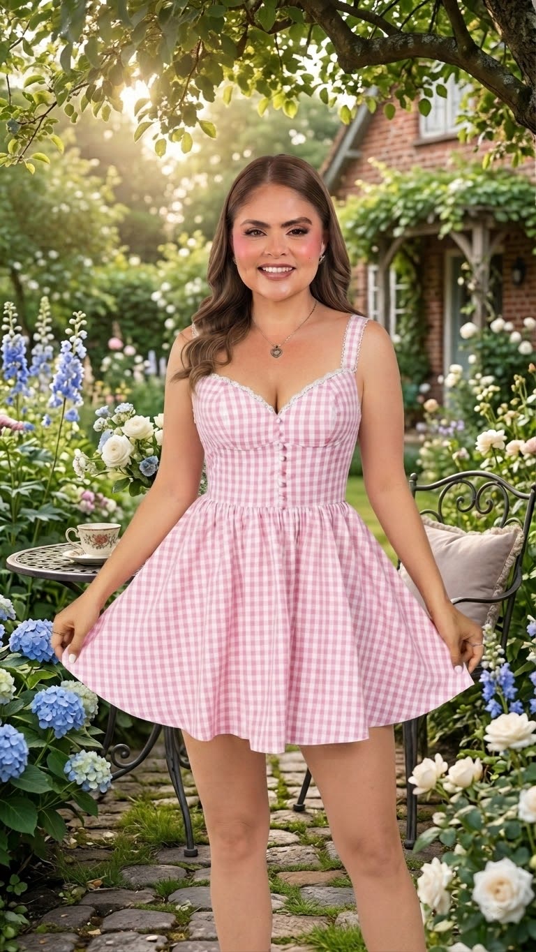 Vestido Corto de Cuadros Rosa con Blanco