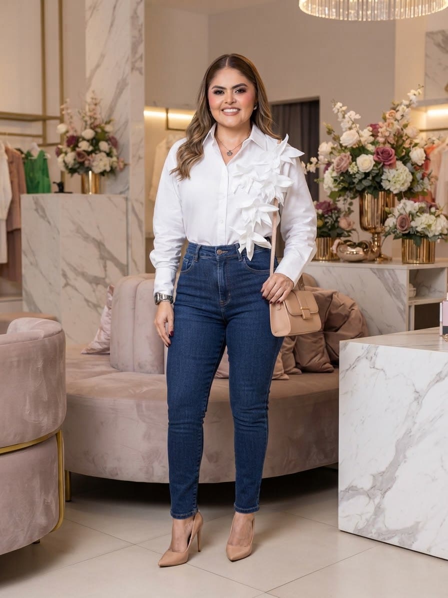 Camisa Blanca Flores en Alto Relieve